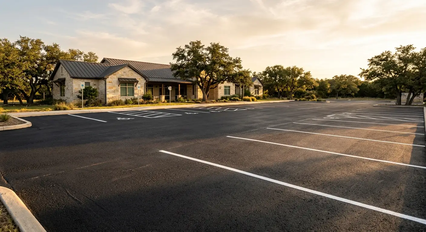 An empty commercial parking lot in low sun, with fresh white stall lines and a marked accessible space with its hatched access aisle. A single-story limestone office building with a dark standing-seam metal roof and mature live oaks sits along the far edge.