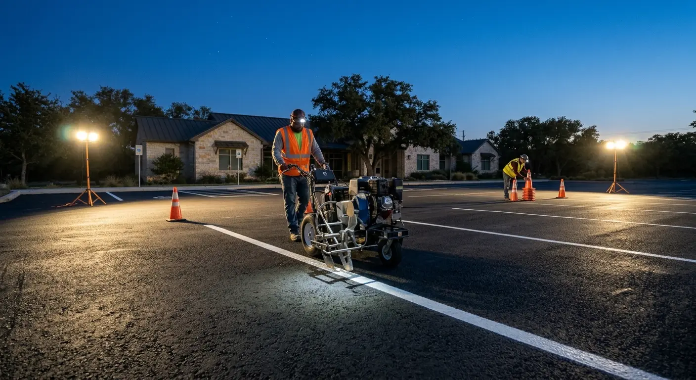 Two workers striping a commercial parking lot after dark under a deep blue sky. One in an orange hi-vis vest and headlamp walks a self-propelled line striper laying a fresh white line, while a second in a yellow vest sets out traffic cones. Two portable tripod work lights light the lot.